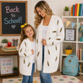 Mom & Me White Pencil Cardigan | Teacher Cardigan | First Day of School Outfit | Back to School Matching Cardigan | Toddler, Girls And Tween