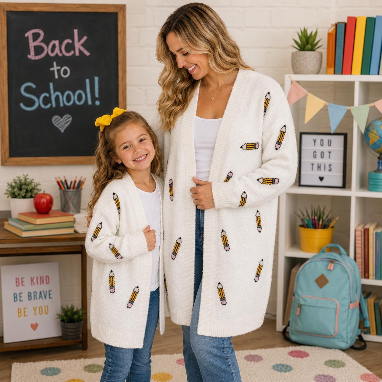 Mom & Me White Pencil Cardigan | Teacher Cardigan | First Day of School Outfit | Back to School Matching Cardigan | Toddler, Girls And Tween