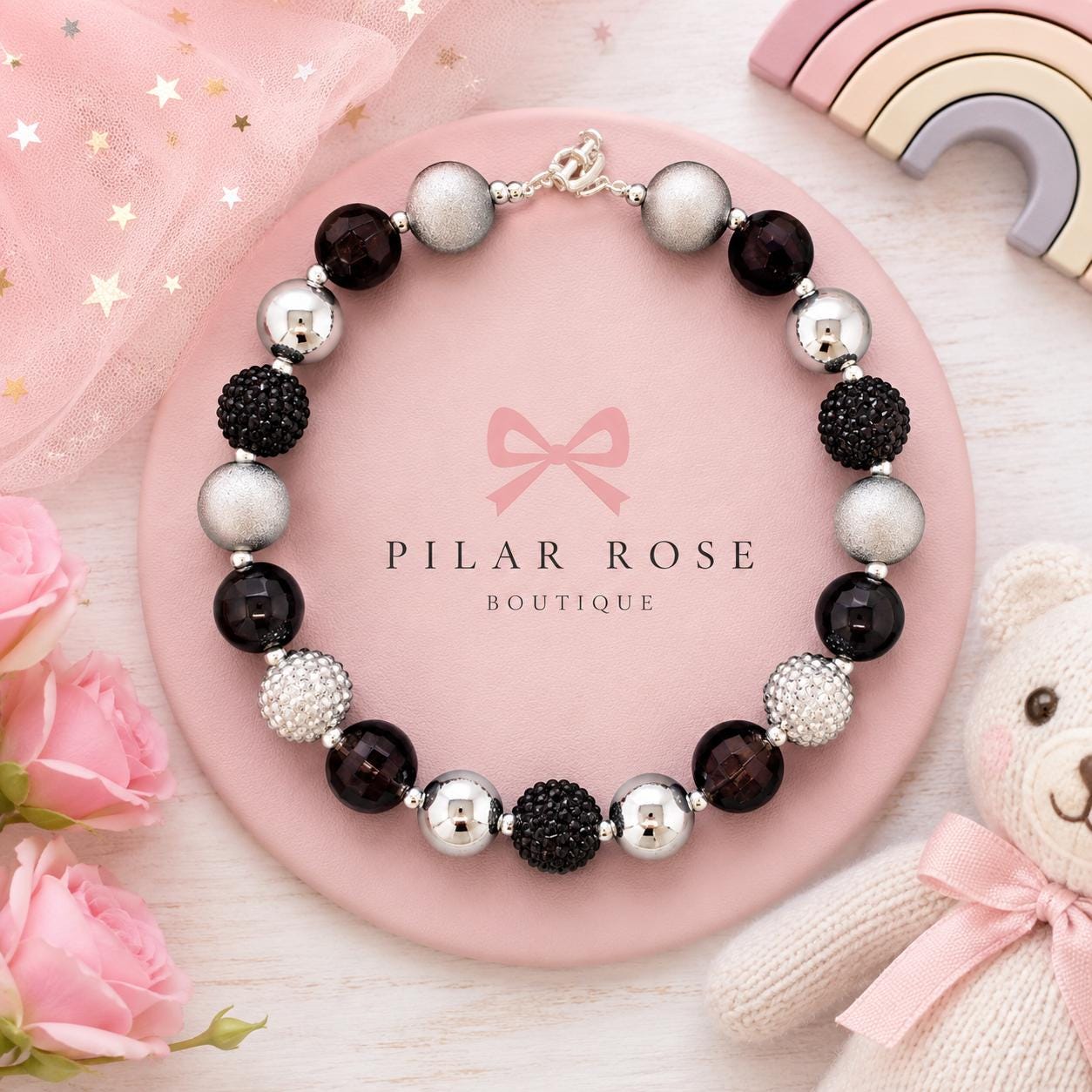 RESTOCKED! Silver & Black Glitter Bubblegum Necklace for Girls | Chunky Beaded Necklace | Boutique Kids Jewelry | Toddler