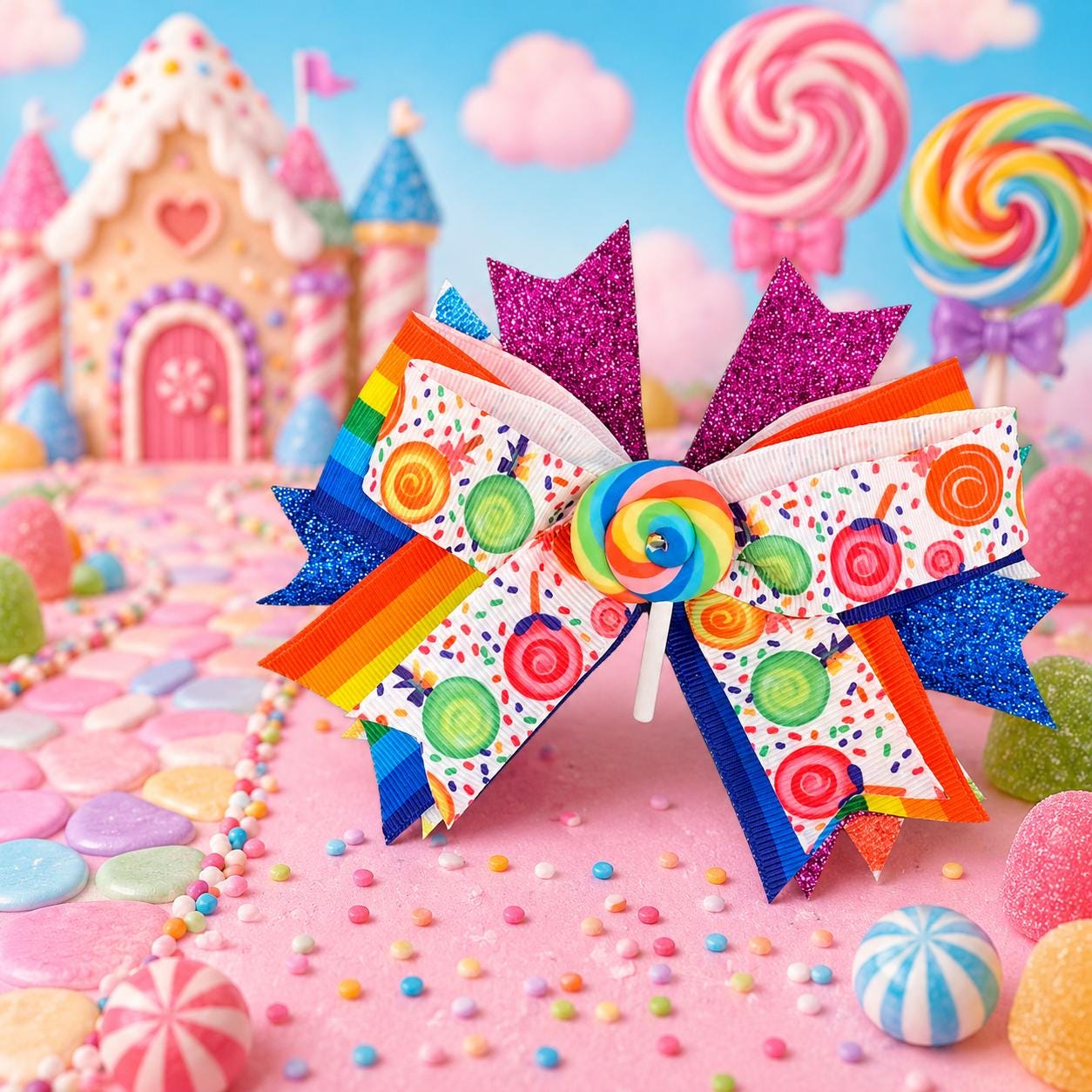 RESTOCKED! Candyland Hair Bow, Girls Boutique Hair Bow, Candy Theme Bow, Colorful Ribbon Bow, Toddler Hair Accessory