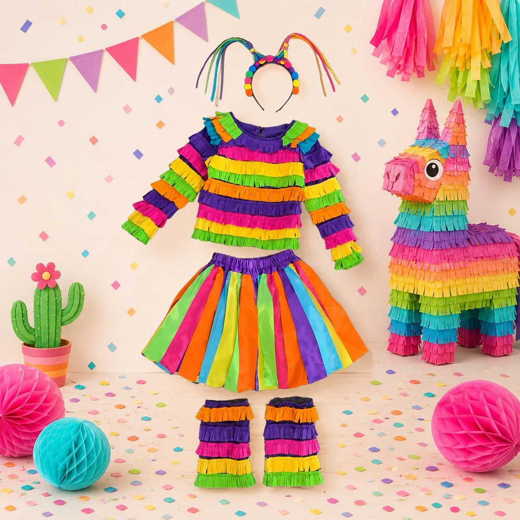 Girls Rainbow Piñata Halloween Costume, Toddler & Tween 4-Piece Costume Set, Long Sleeve Top, Skirt, Leg Warmers, Headband, Boutique Outfit