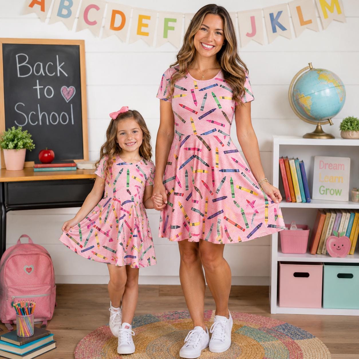 Mom & Me Pink Glitter Crayon Dress | Teacher Dress | Back to School Outfit | First Day of School Dress | Mommy And Me Matching | Preschool