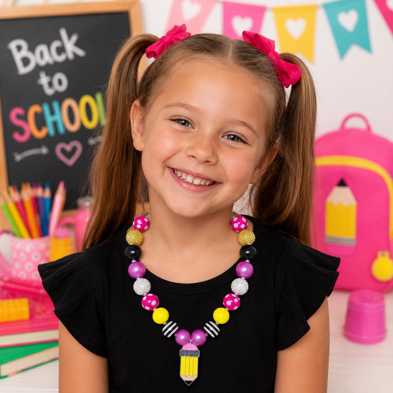 Black & Pink Pencil Bubblegum Necklace, Back to School Necklace, First Day of School, Preschool, Pre-K, Kindergarten, Gift, School