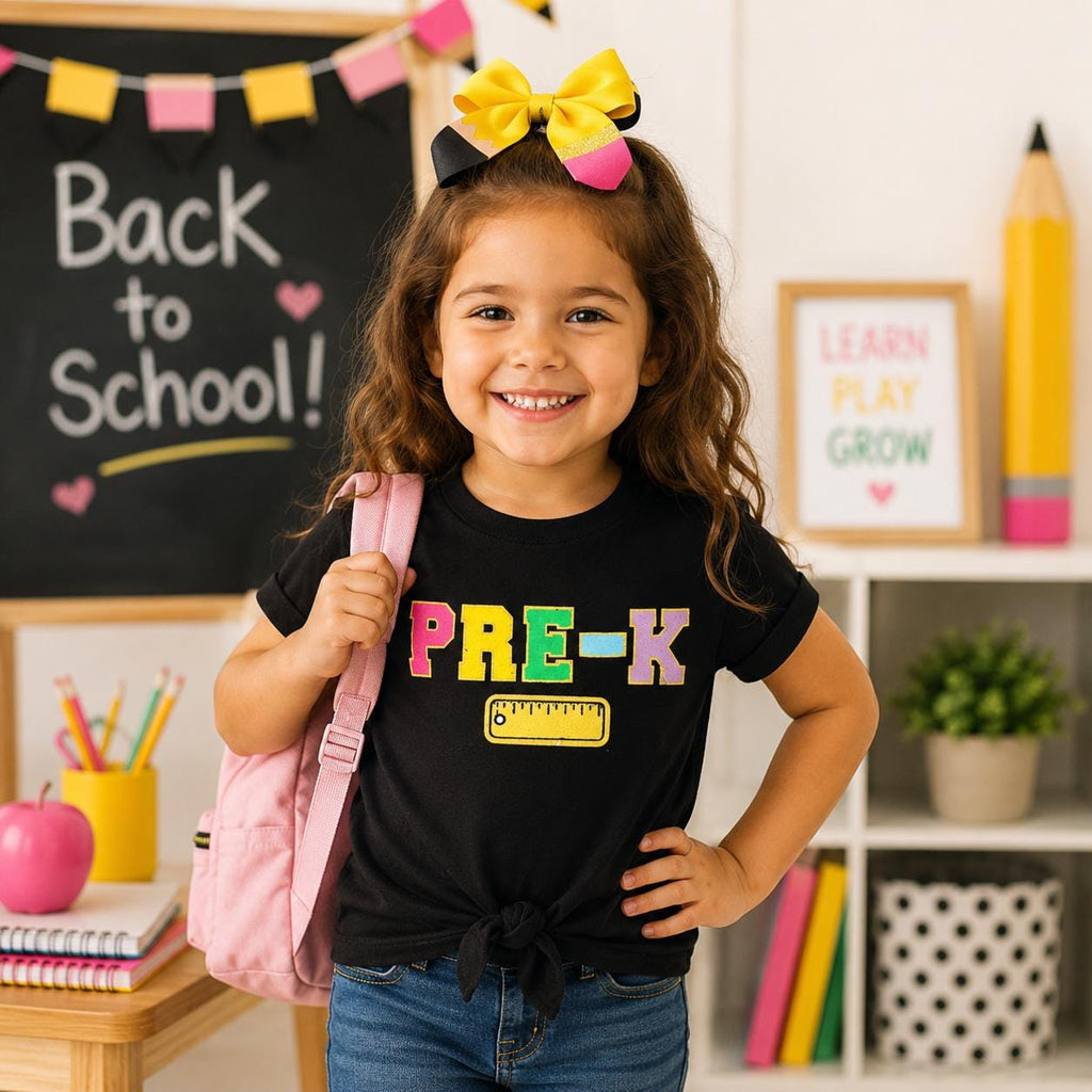 Pre-K–6th Grade Rainbow Chenille Patch Shirt, First Day of School Top, Back to School Outfit, Preschool Kindergarten Tee