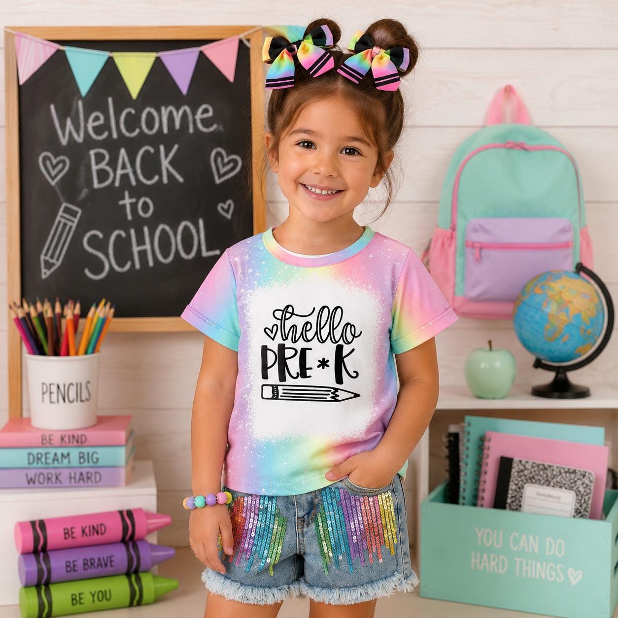 Pre-K–6th Grade Rainbow Denim Short Set | Girls Back to School Outfit | First Day of School Outfit | Kindergarten Shirt | Toddler