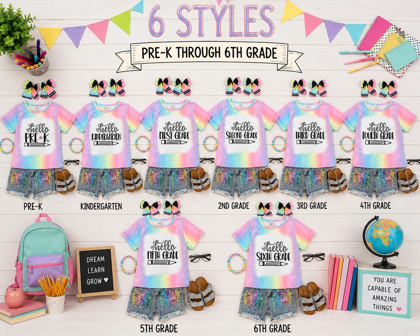 Pre-K–6th Grade Rainbow Denim Short Set | Girls Back to School Outfit | First Day of School Outfit | Kindergarten Shirt | Toddler