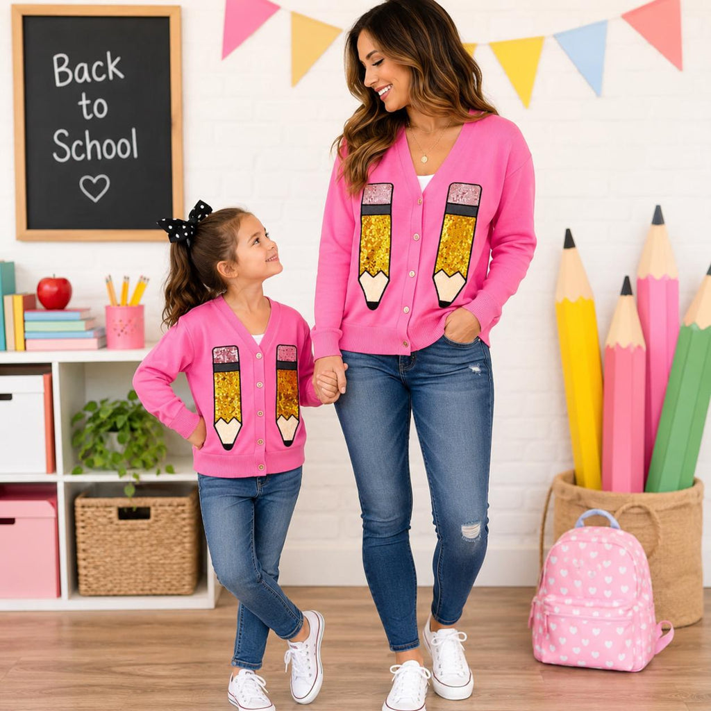 Mom & Me Hot Pink Sequin Pencil Cardigan, Matching Teacher And Child Cardigan, Back to School Outfit, Teacher Gift, School Cardigan, Mommy