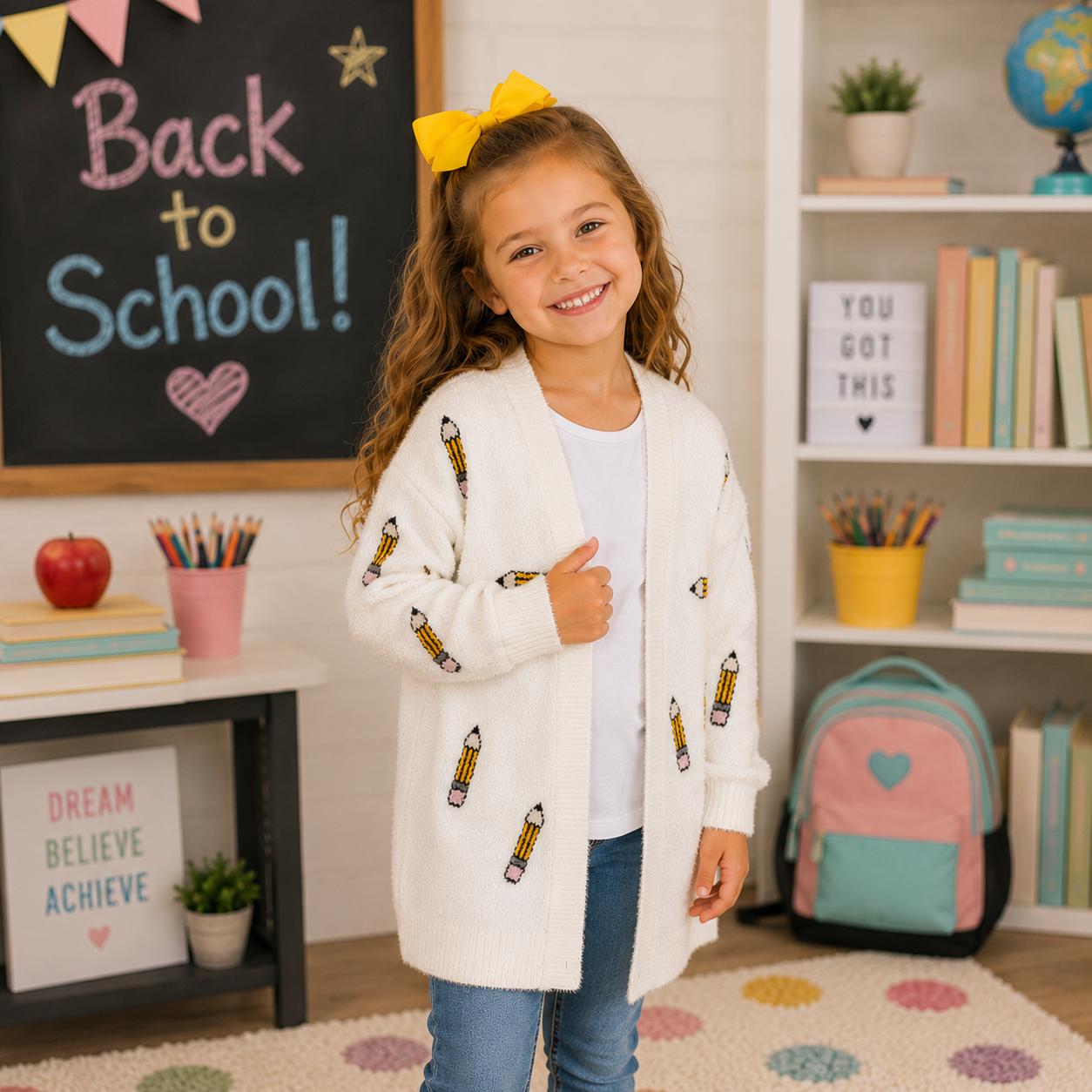 Mom & Me White Pencil Cardigan | Teacher Cardigan | First Day of School Outfit | Back to School Matching Cardigan | Toddler, Girls And Tween