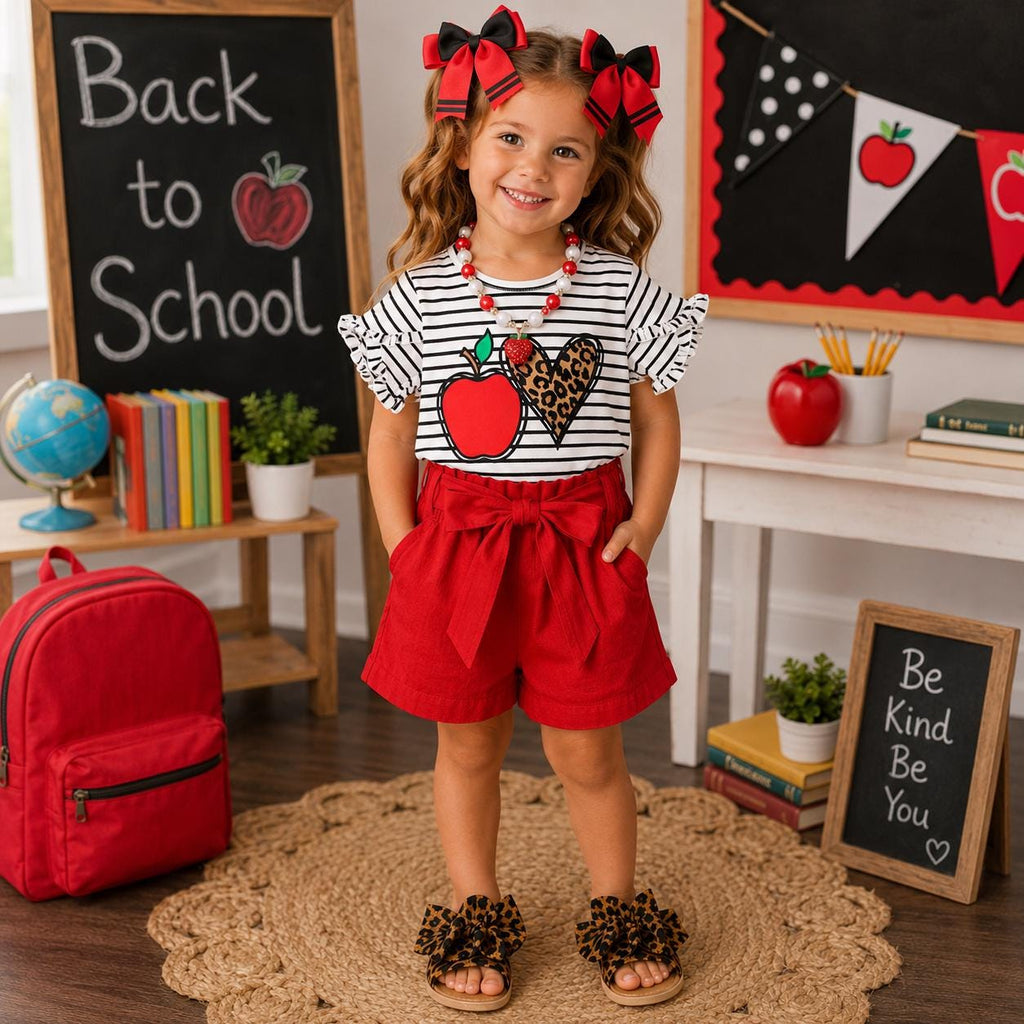 RESTOCKED! Girls Striped Apple Corduroy Short Set, Toddler Back to School Outfit, Leopard, First Day of School, 3T-14Y