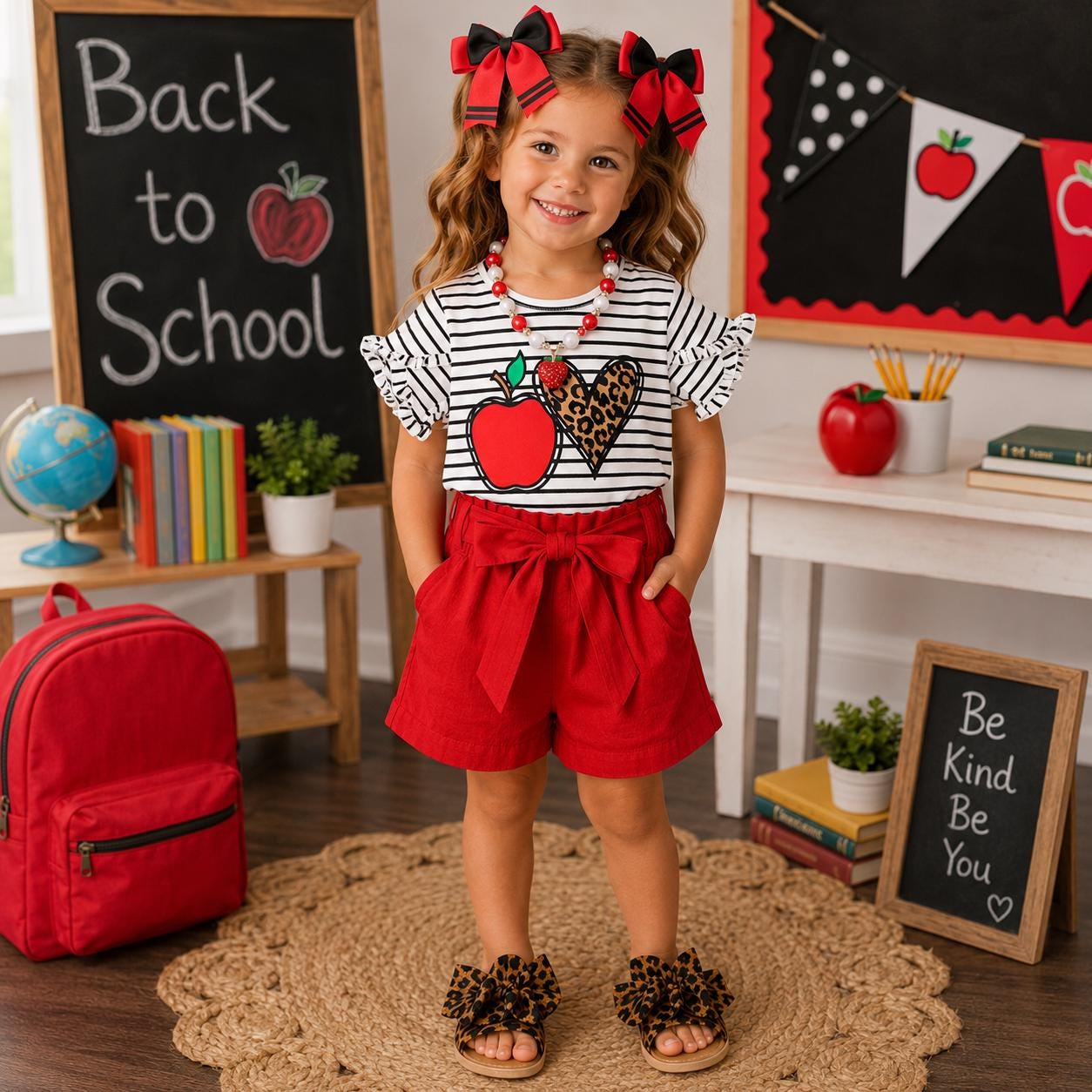 RESTOCKED! Girls Striped Apple Corduroy Short Set, Toddler Back to School Outfit, Leopard, First Day of School, 3T-14Y