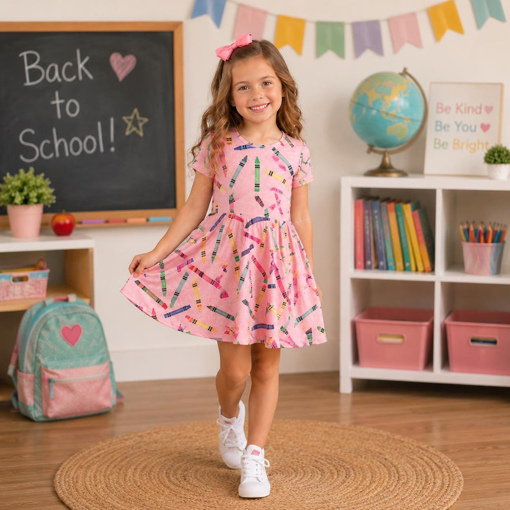 Mom & Me Pink Glitter Crayon Dress | Teacher Dress | Back to School Outfit | First Day of School Dress | Mommy And Me Matching | Preschool
