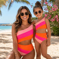 Mom and Me Pink and Orange Striped Swimsuit, Matching Family Bathing Suits, Mother Daughter Bikini, Cut Out Swimwear, Gift for Mom