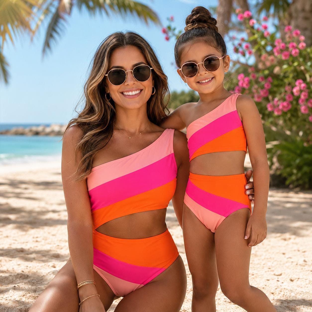 Mom and Me Pink and Orange Striped Swimsuit, Matching Family Bathing Suits, Mother Daughter Bikini, Cut Out Swimwear, Gift for Mom