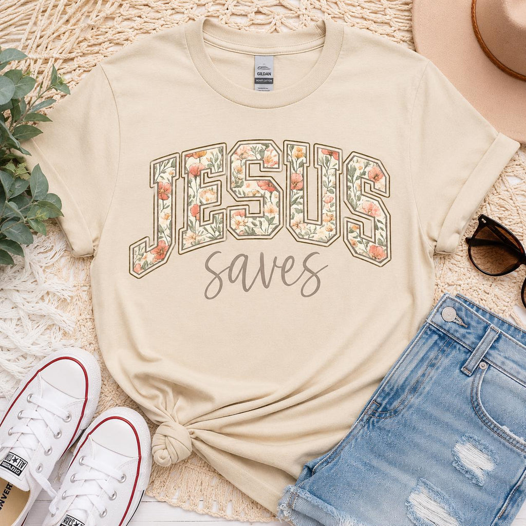 Jesus Saves Shirt, Christian Floral T-Shirt, Unisex Fit Faith Graphic Tee, Religious Shirt for Women, Floral Varsity Tee, Bible Verse Shirt