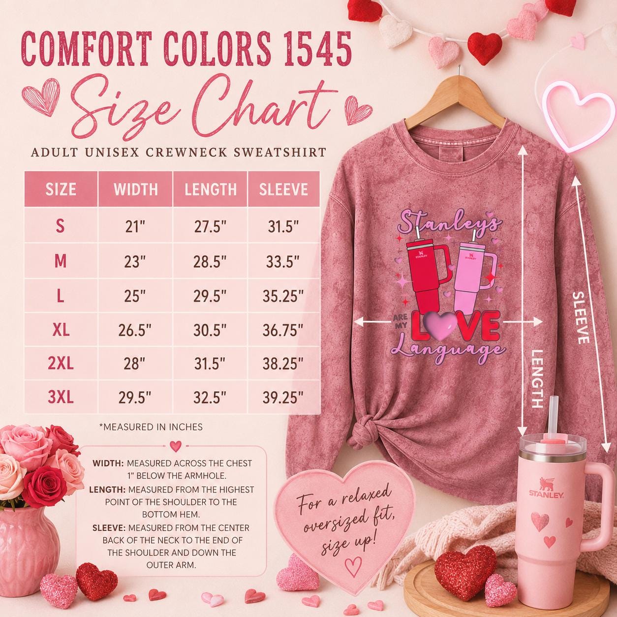 Stanley Love Language Sweatshirt, Valentine's Day Sweatshirt, Stanley Cup Lover Gift, Comfort Colors 1545, Unisex Fit Graphic Crewneck, Pink