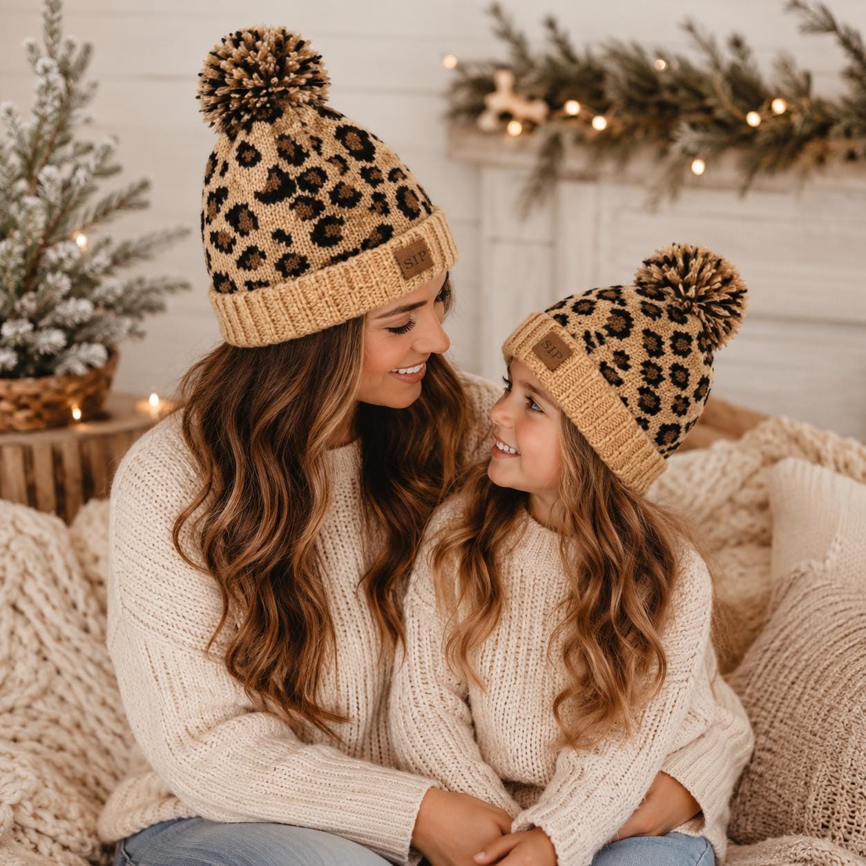 Mom & Me Matching Leopard Print Beanies, Mommy And Me Winter Hats, Animal Print Knit Pom Beanie, Baby Toddler Kids And Women's Hat