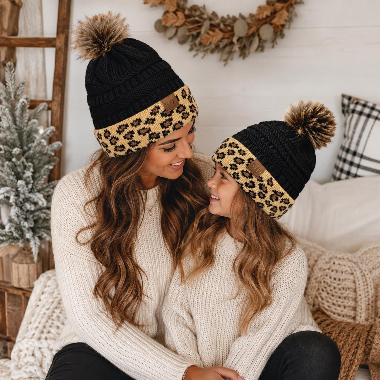 Mom & Me Matching Leopard Print Beanies, Mommy And Me Winter Hats, Animal Print Knit Pom Beanie, Baby Toddler Kids And Women's Hat