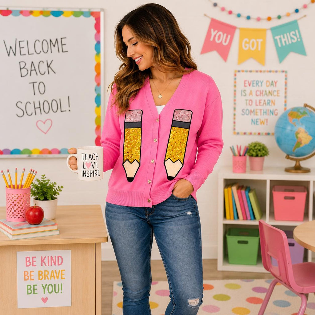 Mom & Me Hot Pink Sequin Pencil Cardigan, Matching Teacher And Child Cardigan, Back to School Outfit, Teacher Gift, School Cardigan, Mommy
