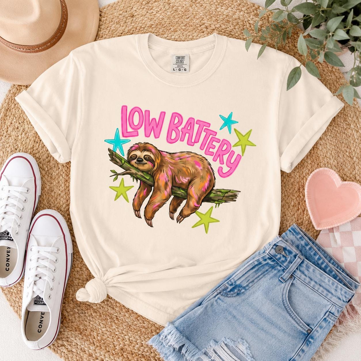 Low Battery Sloth Comfort Colors 1717 Shirt, Funny Sloth Graphic Tee, Unisex Fit T-Shirt, Cute Retro Animal Shirt, Oversized Comfort Colors