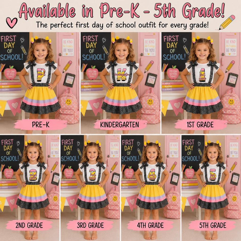 Pre-K–5th Grade Pencil Suspender Skirt Set | First Day of School Outfit | Back to School Girls Outfit | Kindergarten Outfit