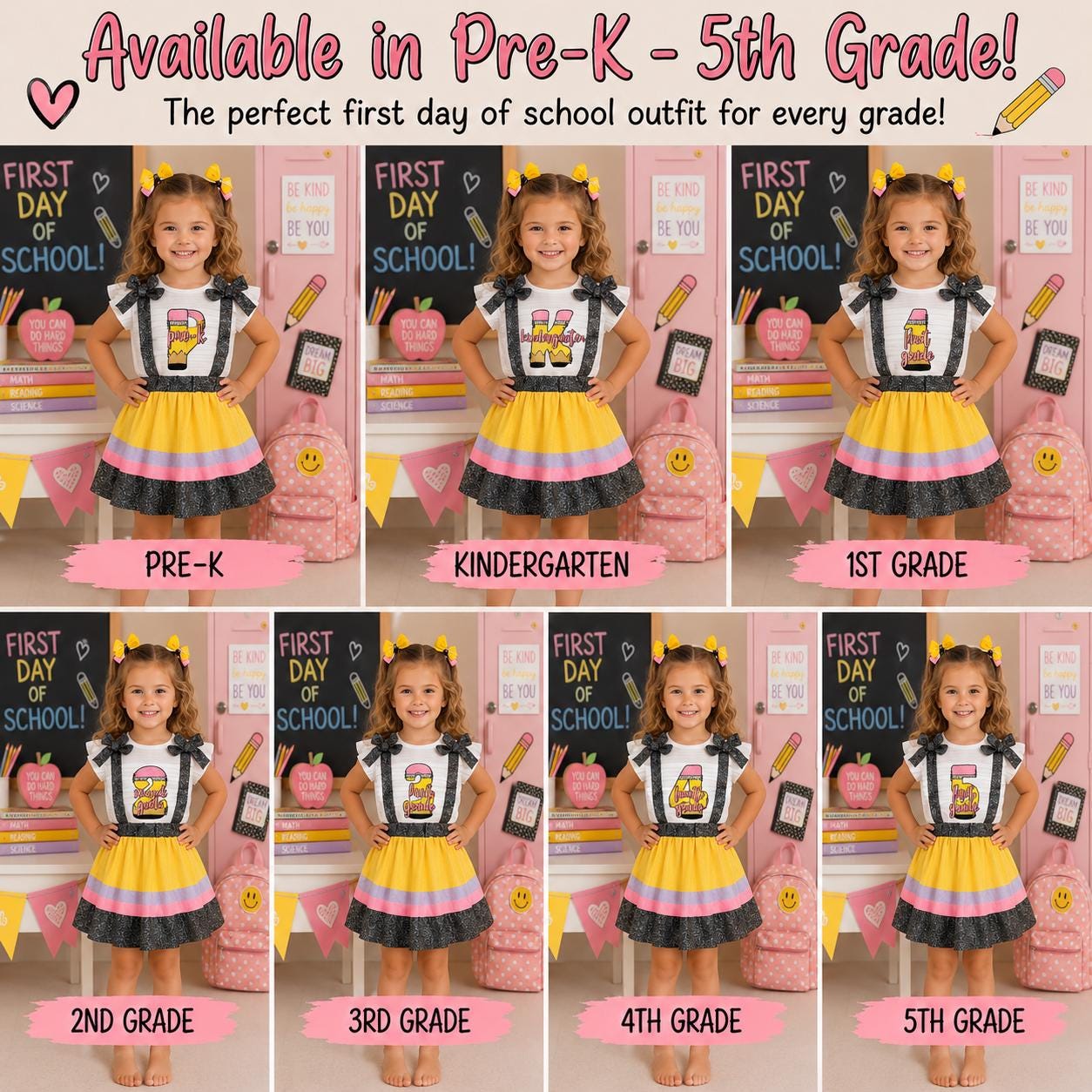Pre-K–5th Grade Pencil Suspender Skirt Set | First Day of School Outfit | Back to School Girls Outfit | Kindergarten Outfit
