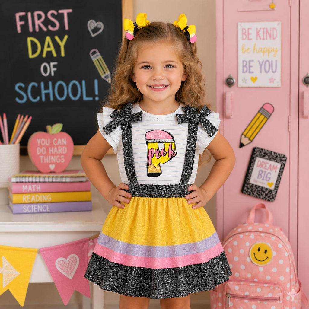 Pre-K–5th Grade Pencil Suspender Skirt Set | First Day of School Outfit | Back to School Girls Outfit | Kindergarten Outfit