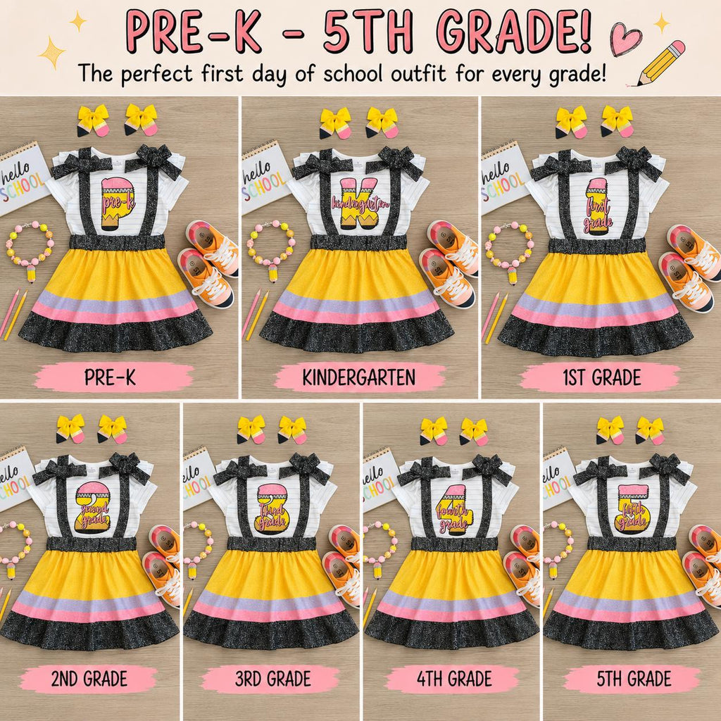 Pre-K–5th Grade Pencil Suspender Skirt Set | First Day of School Outfit | Back to School Girls Outfit | Kindergarten Outfit