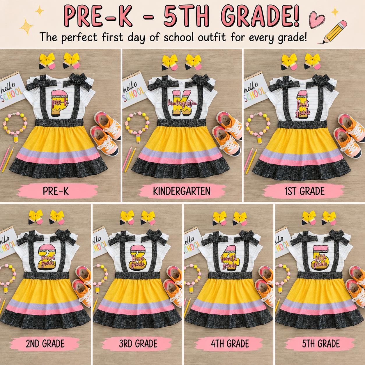 Pre-K–5th Grade Pencil Suspender Skirt Set | First Day of School Outfit | Back to School Girls Outfit | Kindergarten Outfit