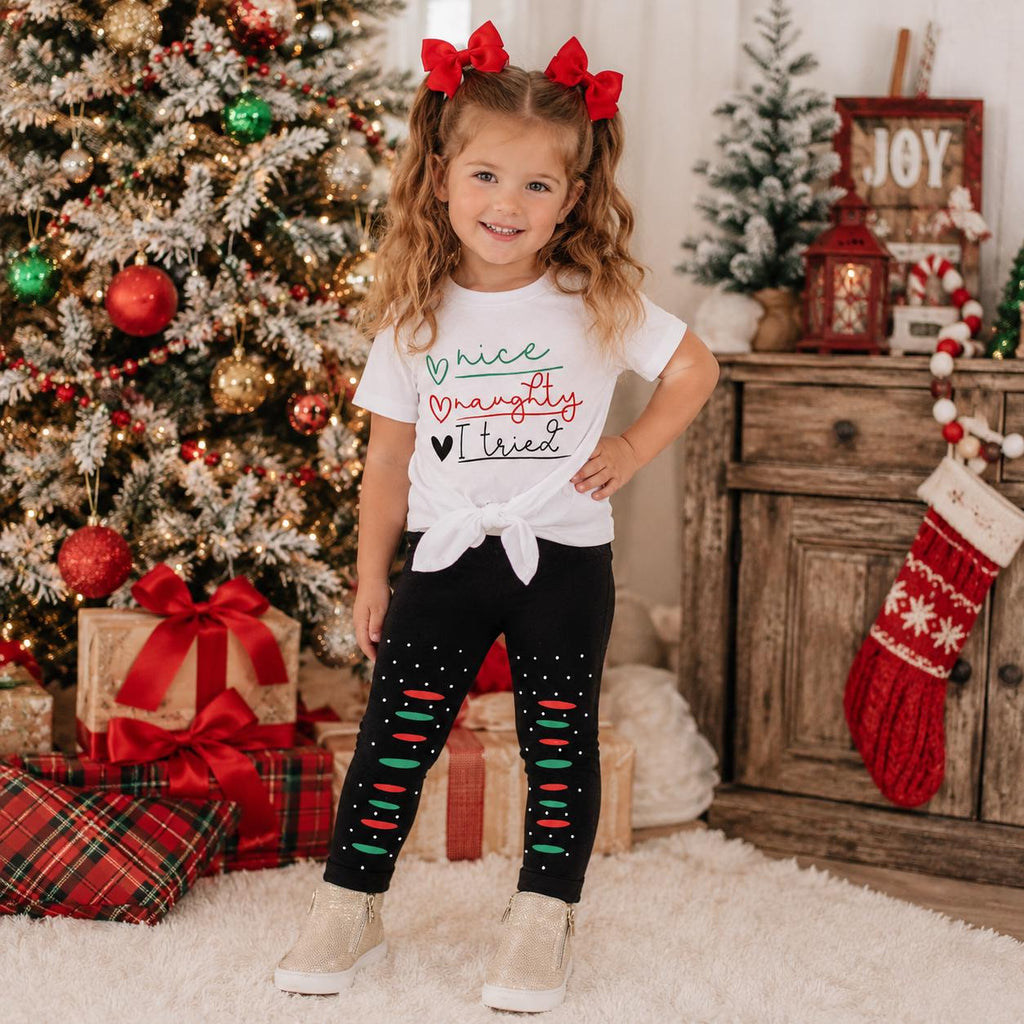 Girls Christmas Toddler Baby Set, Nice Naughty I Tried Outfit, Cotton Spandex Tee & Leggings, Santa Outfit, Kids Xmas Clothes
